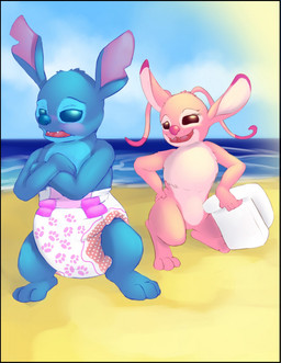 3_toes 4_fingers antennae_(anatomy) beach black_border blue_body blue_fur blue_nose blush border canon_couple clean_diaper clothed clothing crossed_arms day diaper dipstick_antennae duo featureless_crotch feet female fingers folded_diaper fur holding_diaper holding_object male multicolored_antennae pink_body pink_fur pink_nose sand seaside semi-anthro standing sun teeth toes touching_diaper water wearing_diaper kodikins disney lilo_and_stitch angel_(lilo_and_stitch) stitch_(lilo_and_stitch) alien experiment_(lilo_and_stitch) 2019 hi_res