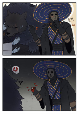 angry anthro blood blush bodily_fluids clothing cross-popping_vein disembodied_hand doll doll_joints duo_focus group hat headgear headwear humor male missing_hand petting wizard_hat donar0317 elden_ring fromsoftware blaidd_(elden_ring) preceptor_seluvis ranni_the_witch animate_inanimate canid canine canis human living_doll mammal wolf comic