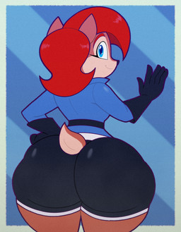 anthro big_butt black_clothing black_gloves black_handwear blue_eyes bottomwear bubble_butt butt closed_smile clothing female gloves hair hand_on_hip hand_on_own_hip handwear huge_butt looking_at_viewer mouth_closed rear_view red_hair shorts smile solo tail thick_thighs wide_hips tonyneely sega sonic_the_hedgehog_(series) sally_acorn chipmunk ground_squirrel mammal rodent sciurid 2026 absurd_res digital_drawing_(artwork) digital_media_(artwork) hi_res