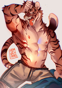 anthro bottomwear clothed clothing eyes_closed fur male muscular muscular_anthro muscular_male nipples open_mouth orange_body orange_fur pink_nipples shorts solo tail tongue tongue_out topless topless_anthro topless_male white_body white_bottomwear white_clothing white_fur white_shorts hemuchang felid mammal pantherine tiger 2022 hi_res