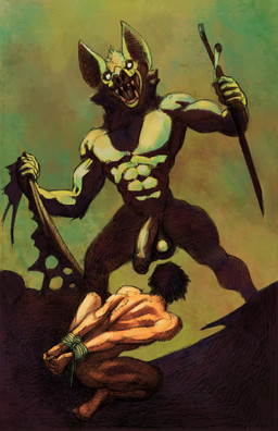 anthro balls bdsm bondage bound duo foreskin genitals kneeling male male/male melee_weapon muscular muscular_anthro muscular_male penis rope standing sword weapon momamo bat human mammal absurd_res hi_res