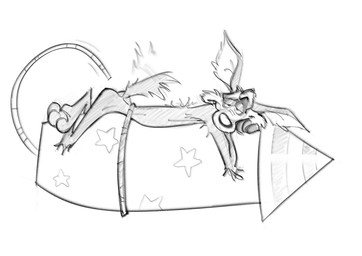 anthro butt fuse half-closed_eyes looking_at_viewer male narrowed_eyes nude paws rocket rope seductive smile solo strapped_to_a_rocket tail tail_motion tailwag zepthehyerian looney_tunes warner_brothers wile_e._coyote canid canine canis coyote mammal 2026 hi_res monochrome sketch