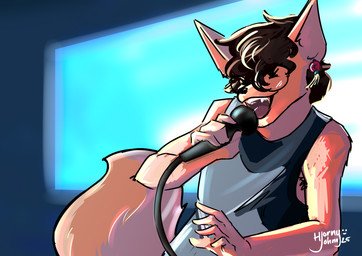 anthro ear_piercing ear_ring electronics eyewear fluffy glasses hair male microphone open_mouth piercing ring_piercing singer singing solo tail hornyjohnnyart absurd_res hi_res
