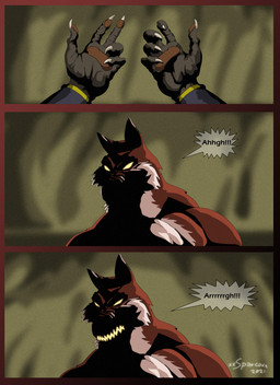 anthro armor bracers cave fur glowing glowing_eyes growling male multicolored_body multicolored_fur muscular muscular_anthro muscular_male open_mouth red_body red_fur speech_bubble text two_tone_body two_tone_fur xxsparcoxx acarius_medjay teofacio_larna canid canine fox mammal red_fox true_fox 2021 comic digital_media_(artwork) english_text hi_res