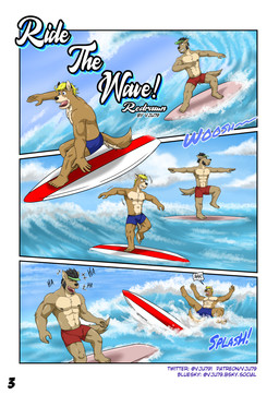 anthro black_hair blonde_hair blue_bottomwear blue_clothing blue_shorts bottomwear brown_body clothed clothing day duo falling hair happy hat headgear headwear laugh male muscular muscular_male nipples outside page_number pecs red_bottomwear red_clothing red_shorts sea shorts sky surfboard surfing swimming_trunks swimwear tail text title topless topless_anthro topless_male visor_cap water wave vju79 guss_(vju79) roj_(vju79) canid canine canis mammal wolf artist_name comic english_text hi_res url