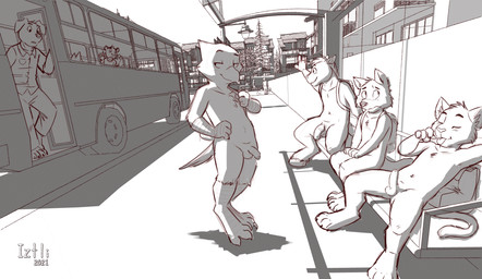 3_toes 4_toes ambiguous_gender animal_genitalia animal_penis anthro backpack balls beak bench blush bottomwear building bus bus_stop casual_erection casual_exposure casual_nudity claws clothed clothed/nude clothed_male clothing commercial_vehicle covering covering_crotch covering_self detailed_background digitigrade embarrassed equine_genitalia equine_penis erection exhibitionism eyes_closed feathers feet flaccid foreskin fully_clothed fur genitals gesture glans group group_nudity half-erect hooves humanoid_genitalia humanoid_penis leaning leaning_backward looking_at_another looking_away looking_back male male/ambiguous male/male modern_architecture navel nude open_mouth outdoor_nudity outside pants partially_retracted_foreskin paws penis penis_size_difference plant public public_erection public_nudity public_transportation shirt shota sitting sky smile social_nudity spread_legs spreading standing street street_lamp surprised toe_claws toes tongue topwear tree unguligrade urban vehicle vehicle_for_hire waving wheel young young_anthro young_male iztli avian bird canid canine canis domestic_dog equid equine felid horse lion mammal pantherine wolf 2021 absurd_res digital_media_(artwork) hi_res monochrome