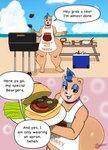 anthro apron apron_only barbecue beach big_butt brown_body burger butt clothed clothing femboy food fur holding_object huge_butt looking_at_viewer male outside overweight overweight_male sand seaside sky smile solo text thick_thighs water cherryfox73 milo_(cherryfox73) bear mammal english_text hi_res