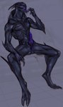 black_body erection genitals looking_at_viewer male nude penis purple_eyes purple_penis purple_tongue simple_background sitting solo spread_legs spreading teeth tongue unusual_anatomy unusual_genitalia meken bioware electronic_arts mass_effect alien turian hi_res