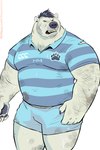 angry anthro arm_hair biceps big_muscles blue_bottomwear blue_clothing blue_shorts body_hair bottomwear bruised chest_hair clothing dirty ear_piercing forearm_hair forearms hairy male musclegut muscular pattern_clothing pattern_shirt pattern_topwear pecs piercing rugby_uniform shirt shorts simple_background solo standing striped_clothing striped_shirt striped_topwear stripes topwear torn_clothing torn_shirt torn_topwear triceps white_background dramamine bear mammal 2024 absurd_res hi_res