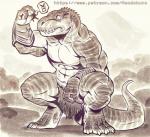 abs anthro armor biceps big_muscles bottomwear claws clothing crouching dinosaur duo emoticon fangs fight holding_character huge_muscles knight loincloth macro male muscular neodokuro pecs reptile scales scalie size_difference solo_focus teeth theropod thick_thighs toe_claws triceps tyrannosaurid tyrannosauroid tyrannosaurus tyrannosaurus_rex unknown_character warrior
