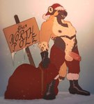 anthro balls boots bottomless brown_body brown_fur christmas_clothing christmas_headwear clothed clothing costume erection footwear front_view fur genitals glans gloves handwear hat headgear headwear holidays humanoid_genitalia humanoid_penis male nipples north_pole penis santa's_sack santa_costume santa_hat shirtless shoes snow snowing solo standing winter seraphictiger christmas barrett_mathers african_wild_dog canid canine mammal hi_res