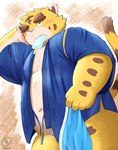 anthro belly blush clothing countershading eating food humanoid_hands jinbei_(clothing) kemono male navel overweight overweight_male popsicle solo underwear 5groo5 felid mammal pantherine tiger 2022 hi_res