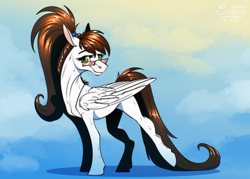 abstract_background eyewear feathers female feral fur glasses green_eyes hair ponytail shy smile solo white_body white_fur wings sunny_way hasbro my_little_pony mythology sunny_way_(character) equid equine mammal mythological_creature mythological_equine pegasus hi_res