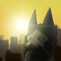 anthro black_body black_fur bone_mask city fur light looking_at_viewer male mask multicolored_body ruins sky solo standing sun sunlight sunrise white_eyes yellow_sky wolfchengchibai changed_(video_game) puro_(changed) canid canine canis goo_creature mammal wolf 1:1 hi_res