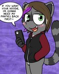 anthro black_clothing black_hoodie black_nose black_topwear bottomless bottomless_anthro bottomless_female brown_hair cellphone clothed clothing countershade_torso countershading electronics female fur genitals green_eyes grey_body hair hand_in_pocket highlights_(coloring) holding_object holding_phone hoodie hoodie_only markings partially_clothed phone pockets purple_highlights pussy smartphone solo striped_markings striped_tail stripes tail tail_markings toony topwear topwear_only young young_anthro young_female pokefound da_silva sam_(pink) mammal procyonid raccoon 4:5 hi_res