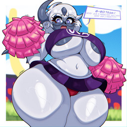 anthro areola big_breasts blue_eyes bottomwear breasts cheerleader cheerleader_outfit clothing curvy_figure dialogue female heart_eyes heart_symbol looking_down microskirt miniskirt navel open_mouth overweight overweight_female pom_poms purple_bottomwear purple_clothing purple_skirt red_clothing red_underwear skirt solo text thick_thighs underwear voluptuous strugglebunny nintendo pokemon absol generation_3_pokemon pokemon_(species) 1:1 2026 absurd_res digital_media_(artwork) english_text hi_res