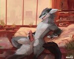 anthro beckoning erection genitals gesture holding_penis looking_at_viewer male penis reclining solo nukkir rikkun sergal unknown_species 5:4 hi_res