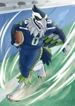 3_toes 5_fingers american_football anthro athletic athletic_anthro athletic_male avian_feet ball beak biceps biped black_claws blue_body blue_feathers bottomwear bulge claws clothed clothing competition_number detailed_background feathered_wings feathers feet fingers football_uniform front_view fully_clothed grass green_body green_eyes green_feathers gridiron_ball holding_ball holding_object jersey lens_flare light logo looking_at_viewer male mascot multicolored_body multicolored_feathers number number_on_clothing number_on_jersey number_on_topwear number_print open_beak open_mouth outside pink_tongue plant print_clothing print_jersey print_topwear running solo sport sunlight tail tail_feathers talons toe_claws toes tongue topwear white_beak white_body white_feathers winged_arms wings nagisabus nfl nike seattle_seahawks blitz_the_seahawk accipitrid accipitriform avian bird 2022 absurd_res digital_media_(artwork) full-length_portrait hi_res lighting portrait shaded