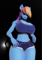 anthro big_breasts black_background blue_body bottomwear bouncing_breasts breasts clothing dolphin_shorts female flashing flashing_breasts hair looking_at_viewer multicolored_hair navel nipples pink_eyes rainbow_hair shorts simple_background solo thick_thighs wide_hips arisenleaf friendship_is_magic hasbro my_little_pony rainbow_dash_(mlp) equid mammal animated hi_res no_sound short_playtime webm