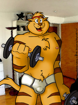 accessory anthro briefs bulge clothing detailed_bulge exercise genital_outline headband inside male navel nipples penis_outline smile solo teeth_showing text tighty_whities tongue_showing underwear weightlifting white_briefs white_clothing white_underwear workout rthur hanna-barbera swat_kats chance_furlong domestic_cat felid feline felis mammal 2007 english_text