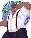 anthro bottomwear brown_body brown_fur clothing flower fur kemono male nipple_outline one_eye_closed overweight overweight_anthro overweight_male pants plant shirt solo suspenders topwear wink redmistwolf1 knights_college hermann_(knights_college) mammal suid suine sus_(pig) wild_boar 2021 hi_res