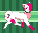 ambiguous_gender black_collar black_nose collar digitigrade dipstick_tail feral feral_with_hair fur gloves_(marking) green_background hair hair_over_eye inner_ear_fluff markings narrowed_eyes one_eye_obstructed pattern_background paws pink_body pink_fur pink_hair pink_inner_ear pink_inner_ear_fluff purple_eyes simple_background smile smile_lines solo sparklefur striped_background striped_markings striped_tail stripes tail tail_markings tuft white_body white_fur sebdoggo domestic_cat felid feline felis mammal 2010 aliasing digital_drawing_(artwork) digital_media_(artwork) flat_colors full-length_portrait microsoft_paint_(artwork) portrait