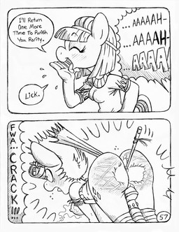 anal anal_penetration anthro anus bdsm big_butt blush blush_lines bondage bottomless bottomless_anthro bottomless_female bound butt butt_slap butt_smack clothed clothed_anthro clothed_female clothing conducting_baton cutie_mark dialogue duct_tape duo eyelashes female female/female fully_clothed fully_clothed_anthro fully_clothed_female genitals hand_imprint hand_lick horn horn_jewelry horn_ring imprint inhibitor_ring jewelry legs_tied magic_inhibitor magic_suppression pain partially_clothed_anthro partially_clothed_female penetration ring_(jewelry) sadism screaming sex_toy shirt slap spank_marks speech_bubble stick_in_ass surprised tail tape text topwear torn_clothing torn_shirt torn_topwear torture unicorn_horn unusual_penetration vibrator vulva whip_mark circe_(artist) friendship_is_magic hasbro my_little_pony mythology blue_nile_(mlp) rarity_(mlp) earth_pony equid equine horse mammal mythological_creature mythological_equine pony unicorn comic english_text monochrome
