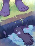 2024 4_toes 5_fingers absurd_res anthro biped canid canine canis death domestic_dog duo feet fingers flower forget-me-not_(flower) fur grass grave hi_res male mammal plant purple_body purple_fur safero toes