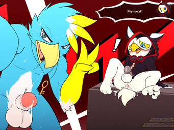 after_anal after_sex anal anthro anus balls barred_chastity_cage beak blush bodily_fluids bottomless butt chastity_cage chastity_device chastity_key clothed clothing cum cum_inside dialogue duo erection feathers feet genital_fluids genitals hoodie jewelry key key_necklace looking_at_viewer male male/male metal_chastity_cage necklace nude penis picture_taking posing_for_picture posing_nude simple_background size_difference smile speech_bubble sweat tail talons text toes topwear wearing_chastity_cage wearing_chastity_device vogold atlus megami_tensei persona_(series) persona_5 sega lufel taylor_vee avian bird owl 4:3 digital_media_(artwork) english_text hi_res