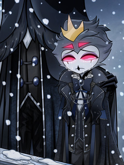 anthro black_clothing bodily_fluids cape clothing coffin crown crying depressing duo formal_clothing formal_wear funeral fur grey_body grey_fur grey_hair hair headgear holding_shoulder looking_down male offscreen_character red_eyes sad short_hair simple_background snow snowing tears white_face lanveril hellaverse helluva_boss stolas_(helluva_boss) avian bird owl owl_demon 3:4 absurd_res hi_res