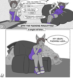 aroused bdsm bet bondage bound casino clothing daydream dialogue dress female gag gagged grumpy restraints roulette straitjacket jedader gamble domestic_cat felid feline felis mammal comic hi_res
