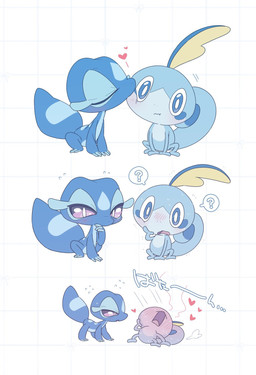 ambiguous_gender blue_body blue_eyes blush blush_lines bodily_fluids duo embarrassed eyes_closed feral heart_symbol kissing pattern_background purple_eyes question_mark simple_background sweat sweatdrop tail text saijakuonuru nintendo pokemon pokemon_winds_and_waves gecqua generation_10_pokemon generation_8_pokemon lizard pokemon_(species) reptile scalie sobble 2026 hi_res japanese_text