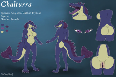 animal_genitalia anthro big_breasts big_butt breasts butt butt_shot claws cloaca cloaca_focus eyelashes female fin genital_focus genitals mouth_shot nipples nude nude_anthro nude_female open_mouth purple_body purple_eyes purple_tongue raised_tail rear_view sharp_teeth side_boob slightly_chubby solo spiked_tail spikes spikes_(anatomy) standing tail tail_fin teeth text thick_tail toe_claws tongue tongue_out vulva_focus whiskers thejazzyjackal alligator alligatorid aquatic catfish crocodilian fish hybrid reptile scalie 3:2 absurd_res english_text hi_res model_sheet