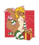 anthro big_tail box brown_body clothing container flirting footwear foreskin fur genitals gift gift_box hair holding_holly holidays holly_(plant) long_hair long_socks male navel nipples nude penis plant socks solo tail wide_hips yellow_body yellow_fur katxfish christmas kangaroo macropod mammal marsupial absurd_res hi_res