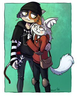 accessory ambiguous_gender anthro beanie bottomwear bracelet brown_eyes cat_smile claws clothing duo ear_piercing elbow_pads fangs finger_claws fish_hook fluffy fluffy_tail fur grey_body grey_fur hair_accessory hand_over_shoulder hat headgear headwear holding_another hoodie hook hug hugging_another inner_ear_fluff jewelry knee_pads long_sleeve_shirt long_tail multicolored_body multicolored_fur narrowed_eyes necklace orange_body orange_eyes orange_fur pants pattern_clothing piercing shoulder_bag simple_background slim striped_clothing stripes tail teeth thin_tail topwear torn_clothing tuft white_body white_fur rich_werner epic_games fortnite meow_skulls unnamed_character ambiguous_species felid feline mammal 2026 absurd_res digital_drawing_(artwork) digital_media_(artwork) hi_res watermark