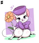 3_toes 4_fingers anthro barefoot blush body_blush bottomless clothed clothing eyelashes eyeshadow feet female fingers flower fur hat headgear headwear heart_symbol holding_flower holding_object knee_blush looking_at_viewer makeup mostly_nude plant purple_bow purple_eyes purple_eyeshadow semi-anthro simple_background smile smiling_at_viewer solo thick_thighs toes white_background white_body white_fur joaoppereiraus disney the_rescuers_(disney) miss_bianca_(the_rescuers) mammal mouse murid murine rodent 2021 digital_media_(artwork) hi_res signature