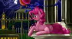 balloon blue_eyes building cloud cutie_mark female feral fur hair inflatable moon outside pink_body pink_fur pink_hair plant quadruped ribbons sculpture sky smile solo statue tower tree saddnesspony friendship_is_magic hasbro my_little_pony pinkie_pie_(mlp) earth_pony equid equine horse mammal pony 2015 hi_res