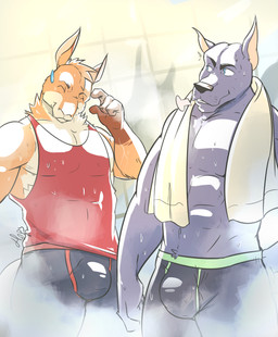 4_fingers abs anthro athletic black_nose blue_eyes bodily_fluids breath brown_body brown_fur bulge clothed clothing duo eyebrows eyes_closed fingers front_view fur grey_body grey_fur hair heat_(temperature) inside looking_at_another male multicolored_body multicolored_fur muscular muscular_male navel neck_tuft pecs sauna simple_background standing sweat three-quarter_view topless towel towel_around_neck tuft haps canid canine canis domestic_dog kangaroo macropod mammal marsupial 2015 absurd_res digital_media_(artwork) hi_res signature