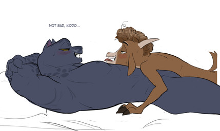 3_fingers abs after_sex anthro anthro_on_anthro biceps black_eyebrows black_hooves black_text blush blush_lines bodily_fluids breasts brown_body brown_ears brown_eyes brown_fur brown_hair brown_tail claws dialogue duo eye_roll eyebrows female female_anthro finger_claws fingers flat_chested floppy_ears from_front_position fur green_eyes grey_body grey_ears grey_fur grey_nipples grey_spots hair half-closed_eyes hands_behind_head hoof_hands hooved_fingers hooves horn interspecies larger_female looking_at_another looking_at_partner lying lying_on_partner male male/female male_anthro markings melanistic missionary_position multicolored_body multicolored_fur muscular muscular_anthro muscular_female narrowed_eyes nipples nude nude_anthro nude_female on_back on_front open_mouth pillow pink_nose pink_tongue purple_inner_ear sex sharp_teeth short_hair side_view size_difference small_breasts smaller_male snout spots spotted_body spotted_fur sweat sweaty_face tail talking_to_another talking_to_partner tan_body tan_fur tan_horn teeth text tongue tongue_out two_tone_body two_tone_fur whiskers white_sclera white_whiskers yellow_sclera amugea goat_(movie) sony_corporation sony_pictures jett_fillmore will_harris bovid caprine felid goat leopard mammal pantherine 2026 english_text hi_res