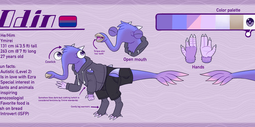 4_fingers 4_toes anisodactyl arm_spikes autism bare_shoulders beak biped bipedal_feral bisexual_pride_colors black_bottomwear black_clothing black_hoodie black_pants black_shorts black_topwear bottomwear claws clothed clothing color_swatch digitigrade directional_arrow eyes_closed eyestalks feathers feet feral finger_claws fingers front_view head_tuft hoodie horn information leg_warmers legwear lgbt_pride long_sleeves male markings multicolored_body multicolored_feathers neck_tuft open_mouth pants pattern_background pink_body pink_feathers pink_markings pride_colors proboscis_(anatomy) purple_background purple_body purple_eyes purple_feathers rear_view scuted_hands scutes semi-anthro shorts shoulder_spikes simple_background slightly_chubby slightly_chubby_feral slightly_chubby_male smile solo spikes spikes_(anatomy) standing tail tail_feathers text toe_claws toes topwear trunk_(anatomy) tuft nekoisopods electronic_arts maxis_(ea) spore_(game) odin_(nekoisopods) alien avian ymirei 2026 absurd_res artist_name character_name digital_drawing_(artwork) digital_media_(artwork) english_text hi_res species_name watermark