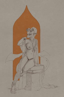 abstract_background anklet areola bangs bracelet breasts claws clothing eyewear female genitals glasses hair horn horn_jewelry horn_ring jewelry looking_away navel necklace nipples ring_(jewelry) round_glasses shawl sitting smile solo spade_tail tail translucent translucent_clothing translucent_shawl vulva wings flowerdino mythology ellie_(phantasie) dragon mythological_creature mythological_scalie scaled_dragon scalie hatching_(art) hi_res restricted_palette shaded