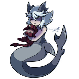 eyes_closed fin grey_body hair head_fin horn nude open_mouth red_body simple_background split_form white_hair yellow_horn shriekingmagpie meiming_(shriekingmagpie) aquatic humanoid merfolk 1:1 hi_res