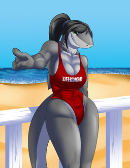 5_fingers anthro beach black_hair breasts cleavage clothed clothing collarbone detailed_background female fingers gesture gills green_eyes grey_body hair hand_gesture lifeguard looking_at_viewer muscular muscular_anthro muscular_arms muscular_female neck_gills one-piece_swimsuit outside pointing sea seaside sky smile solo swimwear thick_thighs water wide_hips yeyeialba aquatic fish shark hi_res