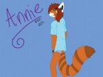 2011 ailurid annie_(disambiguation) anthro blue_background clothed clothing female fluffy fluffy_tail green_eyes looking_at_viewer mammal panties red_panda ristiriita simple_background skimpy solo tail text underwear