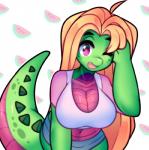 anthro blonde_hair breasts cleavage clothed clothing female hair long_hair looking_at_viewer non-mammal_breasts one_eye_closed open_mouth solo wink raikissu matz alligator alligatorid crocodilian reptile scalie 2018 digital_media_(artwork)