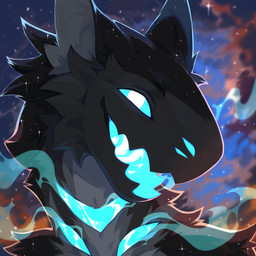ambiguous_gender anthro arm_tuft black_body black_fur blue_eyes cheek_tuft cosmic_background detailed_background facial_tuft fur grey_body grey_fur grey_inner_ear looking_at_viewer neck_tuft no_sclera open_mouth pupils shoulder_tuft solo space space_background tuft white_pupils corzh77 species_request 1:1 bust_portrait detailed hi_res icon portrait