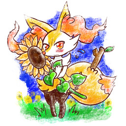 3_fingers 3_toes ambiguous_anthro ambiguous_gender anthro arm_tuft biped black_body black_fur blush blush_lines bodily_fluids cheek_tuft chest_tuft detailed_background digitigrade dipstick_tail facial_tuft feet fingers flower flying_sweatdrops front_view fur grass hip_tuft hug hugging_object inner_ear_fluff leaf looking_at_viewer markings mouth_closed multicolored_body multicolored_fur nude_ambiguous nude_anthro object_in_tail orange_body orange_eyes orange_fur orange_inner_ear_fluff orange_nose orange_tail_tip outside plant pointy_ears prick_ears shoulder_tuft solo standing stick stick_in_tail sunflower sweat sweatdrop tail tail_markings tapering_snout toes tuft two_tone_tail white_body white_fur yellow_body yellow_fur yellow_tail annyui0611 nintendo pokemon braixen canid generation_6_pokemon mammal pokemon_(species) 1:1 2021 colored digital_drawing_(artwork) digital_media_(artwork) full-length_portrait hi_res japanese_description portrait shaded