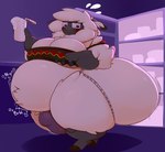 anthro appliance beverage big_butt blush butt clothing eyewear fridge fur glasses huge_butt jockstrap kitchen_appliance male milkshake obese obese_male overweight overweight_male rumbling_stomach solo torn_clothing underwear weight_gain wool_(fur) cracker_(artist) cracker_(character) bovid caprine mammal sheep hi_res