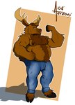 anthro antlers belly belly_fur big_belly body_hair bottomwear brown_body brown_fur chest_fur clothing denim denim_bottomwear denim_clothing flexing flexing_bicep flexing_muscles fur happy_trail hooves horn jeans male musclegut muscular nipples pants simple_background smile smiling_at_viewer smirk smirking_at_viewer solo aereous merrick_(denverthedragon) deer mammal moose new_world_deer hi_res