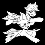 duo female feral flying hooves open_mouth simple_background spread_wings transparent_background wings marenlicious friendship_is_magic hasbro mlp_g5 my_little_pony mythology rainbow_dash_(mlp) zipp_storm_(mlp) equid equine mammal mythological_creature mythological_equine pegasus alpha_channel black_and_white monochrome